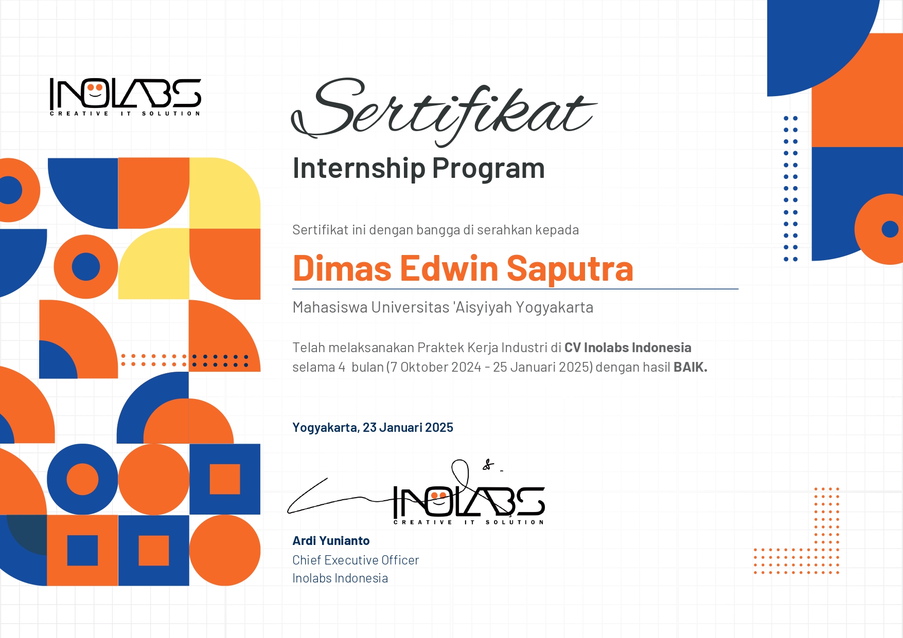 Sertifikat Internship Program INOLABS Indonesia